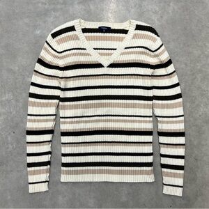 Reitmans Striped V-Neck Sweater in Cream, Black & Tan - size medium